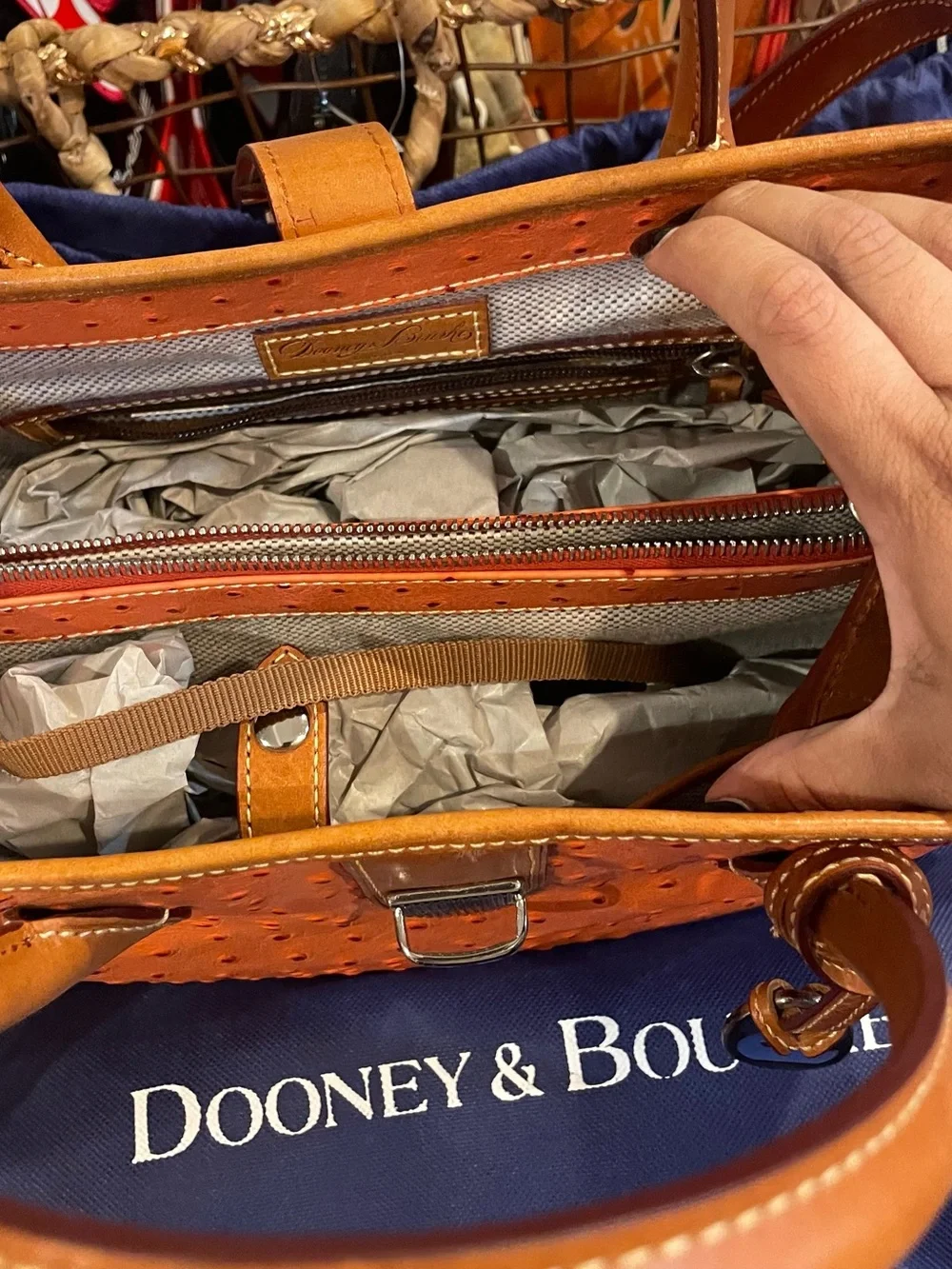 Dooney & Bourke Orange Ostrich-Embossed Leather Satchel with Tan Trim